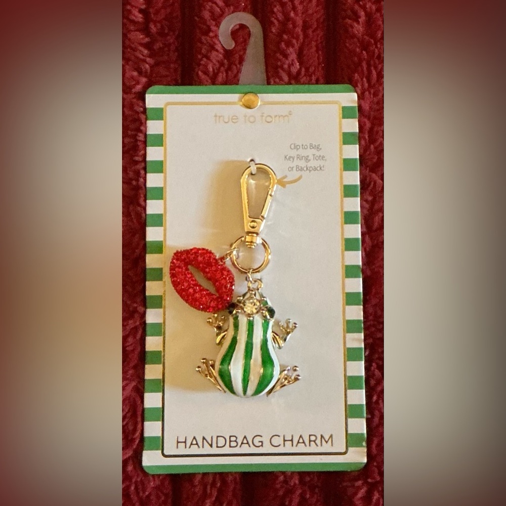 Green & White Striped Frog Keychain with Red Lip Charm